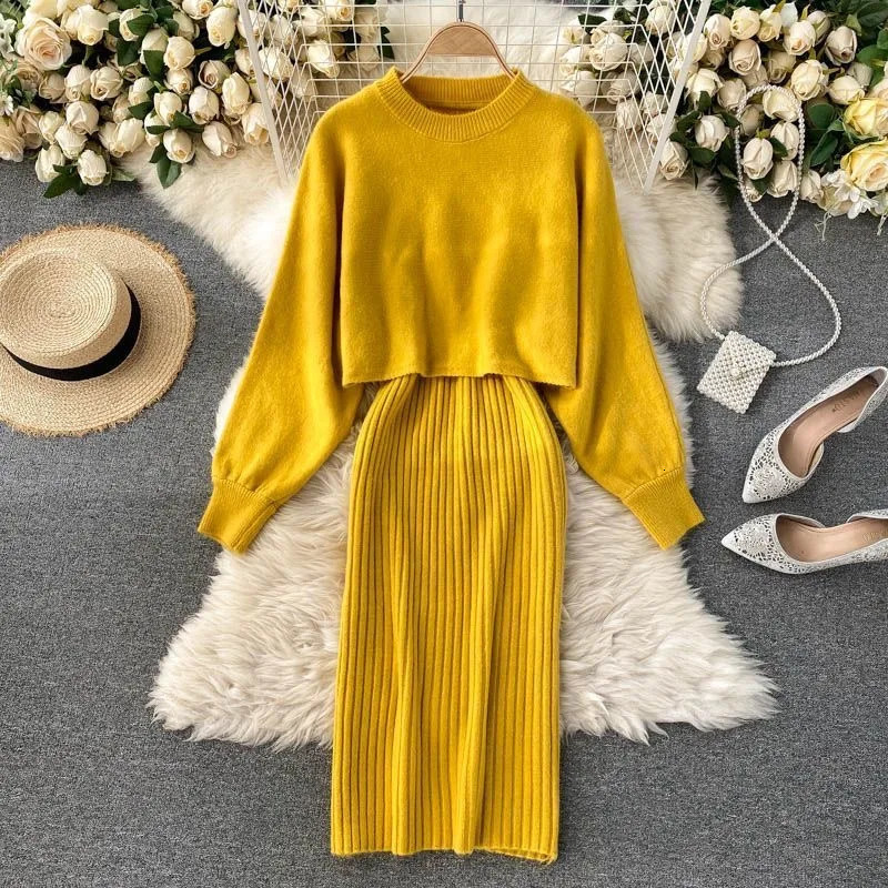 Autumn Knitted Round Neck Two Piece Womens Set Long Sleeve Solid Color Bat Fashion Winter 241209