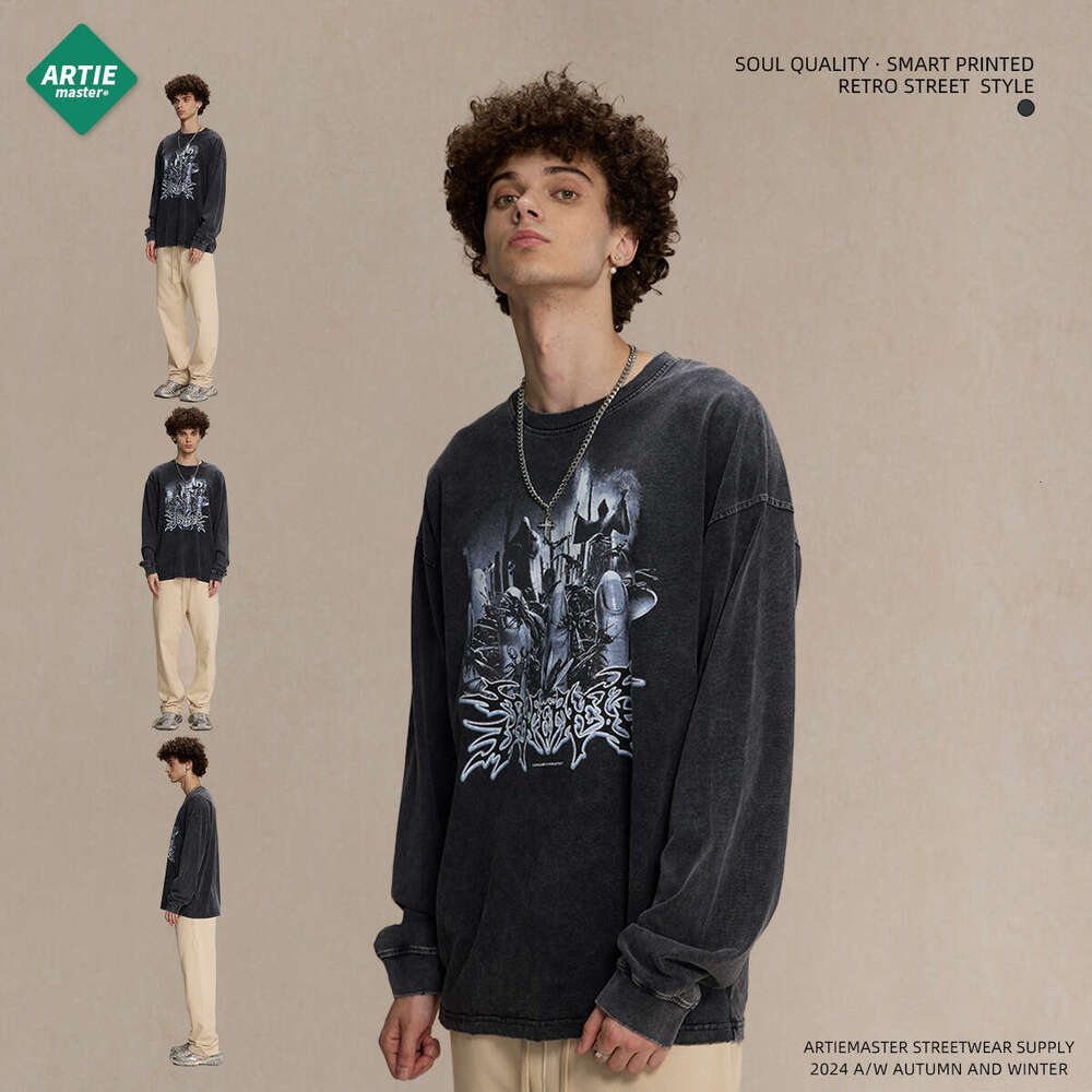 2024 Autumn Retro Edging T-shirt for Men, Digital Direct Spray, Non tactile Round Neck, Men's Long Sleeve