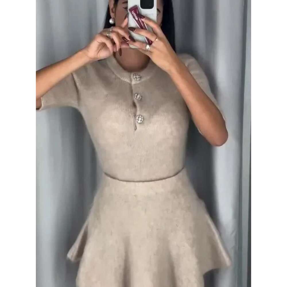 Women Fashion Wool Half Sleeve Slim Skirts Suits Female Button Knit Top Suit New Lady Commute Casual Knitted Outfits