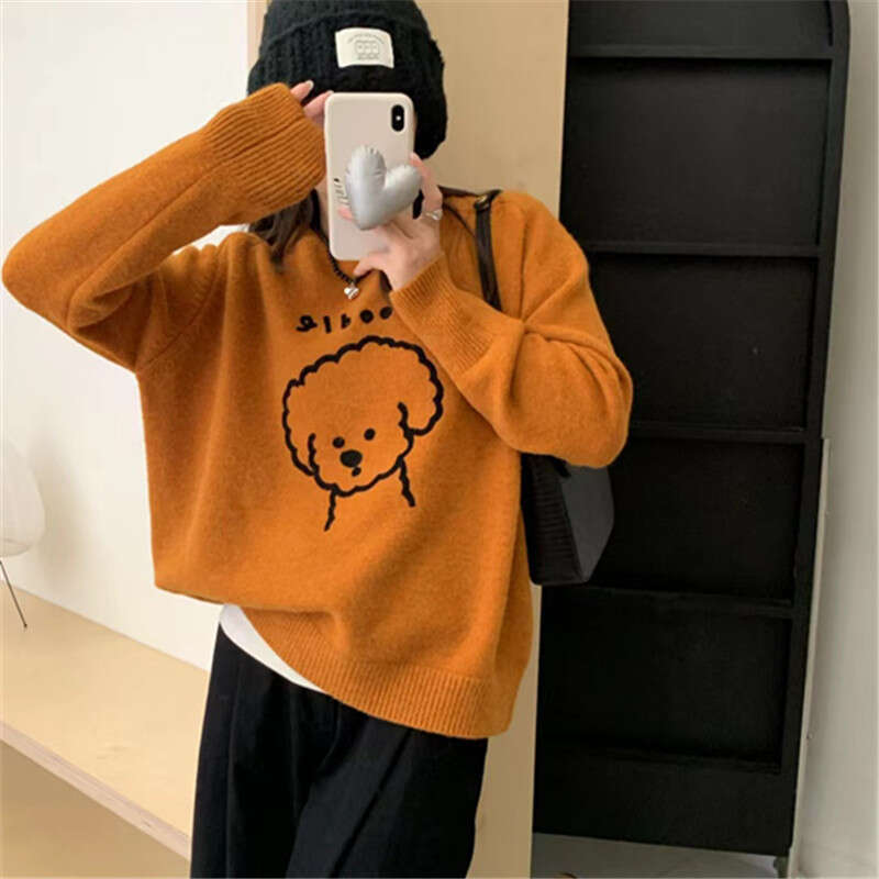Gentle style cartoon little dog sweater for female students, 2023 autumn and winter new style, loose round neck, single wear, inner knit top