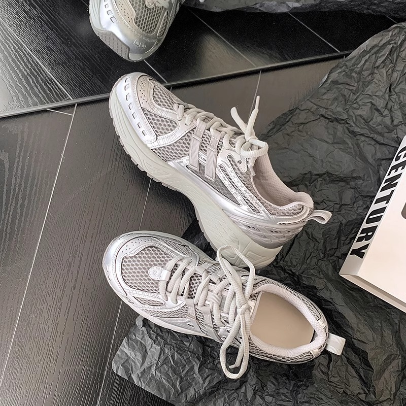 Women Sports Shoes:Simple Design Versatile Running Shoes Mesh Breathable Thick Sole Chunky Fashion Trendy Sneakers,Grey/White,Free shipping