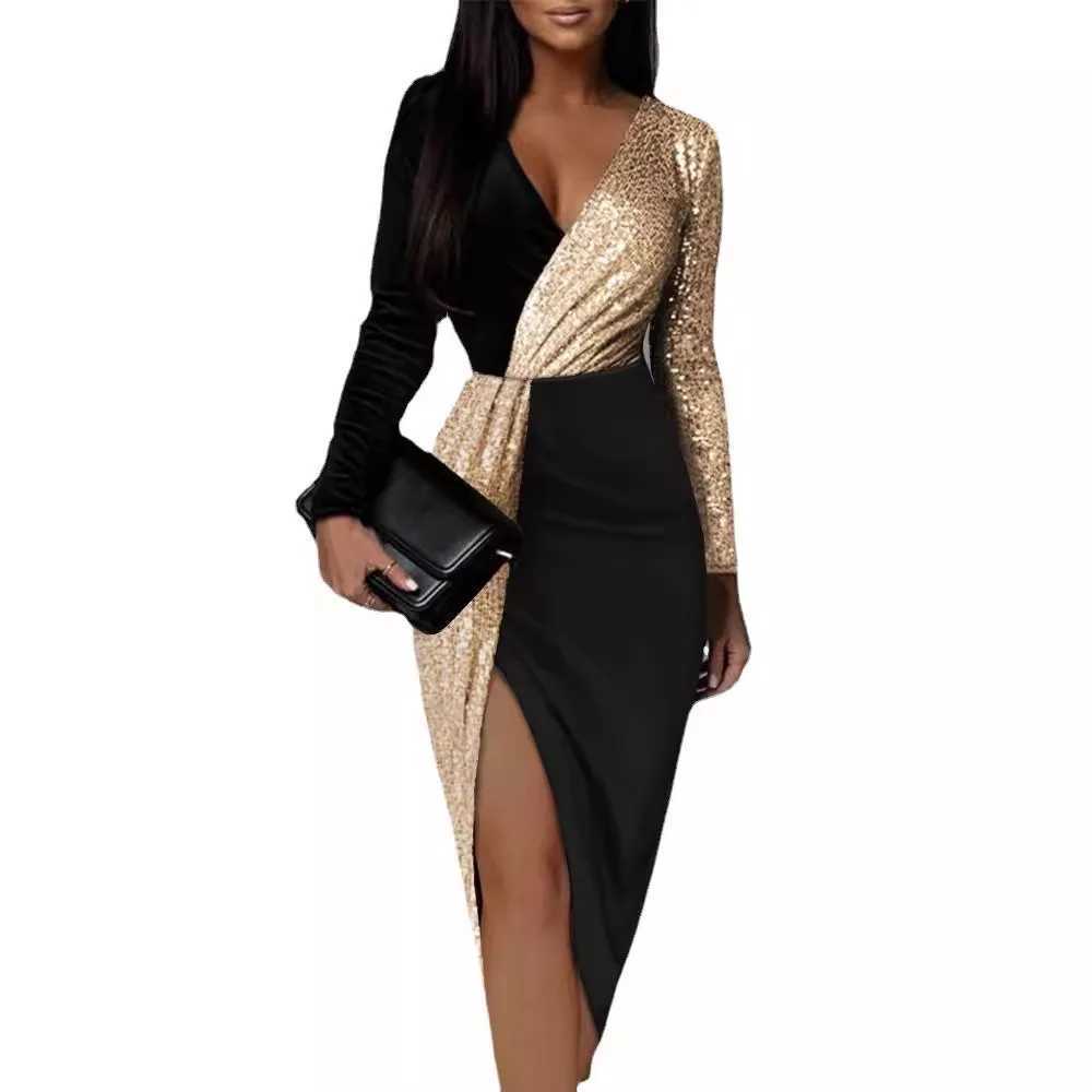 Temperature and Ankle Dual Color Black and Gold Ethnic Style High Waist Solid Color Temperature Dress Long SVE Waist Dress W241210