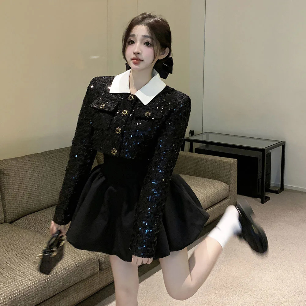 Korean Style Small Fragrance Wind Jackets For Ladies Fashion Sequin Tweed Short Coat Tops Women Spring Autumn y Outerwear 241209