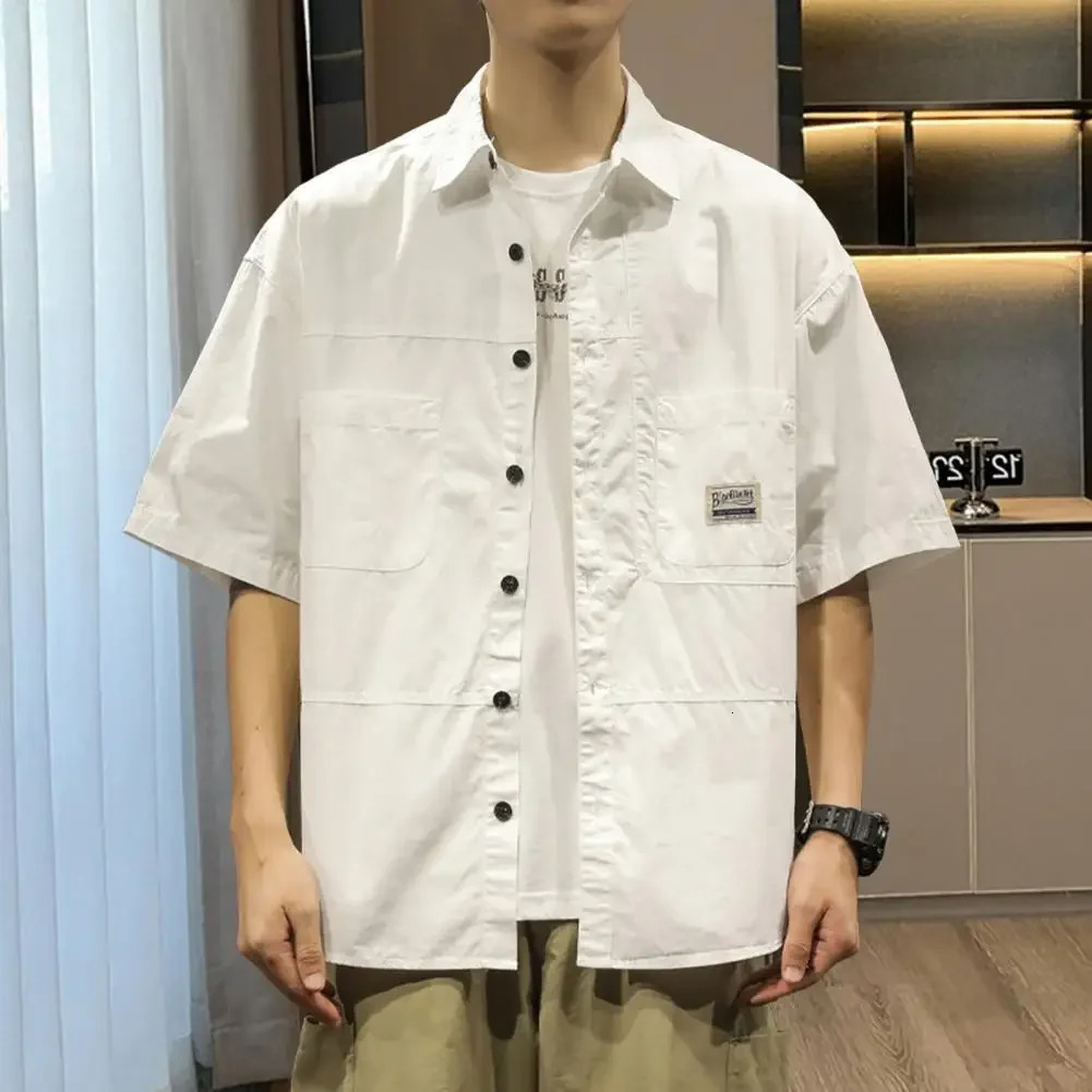 Spring mens cargo shirt collar single breasted loose breathable short sleeved outdoor top 241209