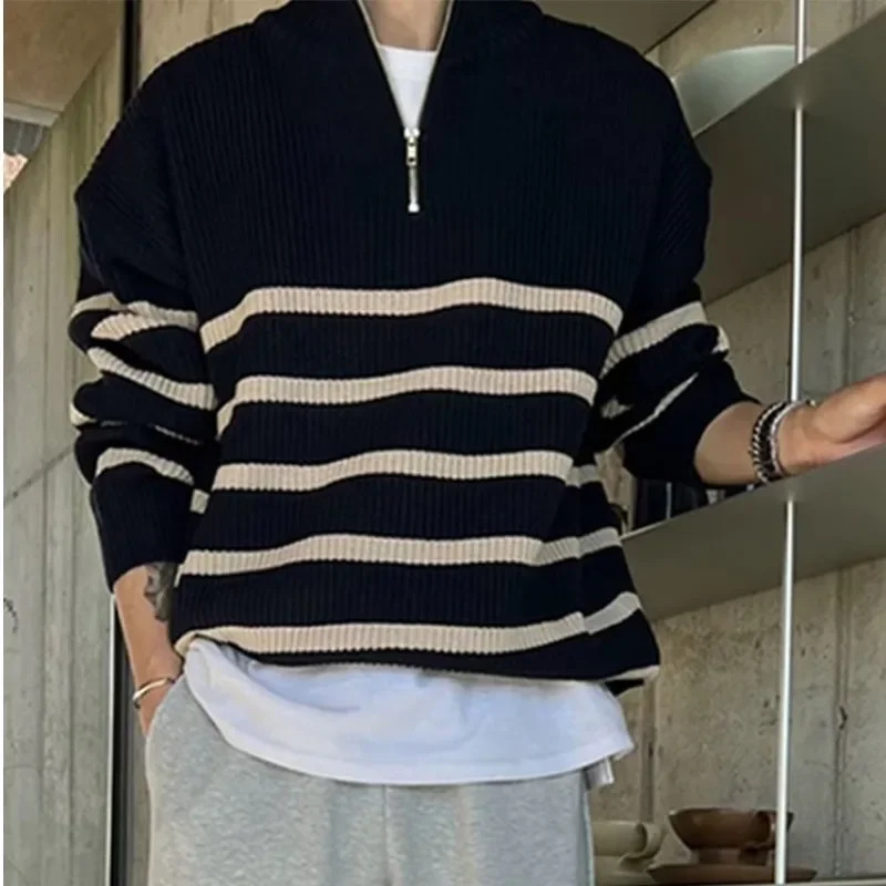 Mens Autumn Winter Knitted Top Long Sleeve Lapel Loosefit Vintage Casual Halfzip Striped Shoulder Sweater 241209