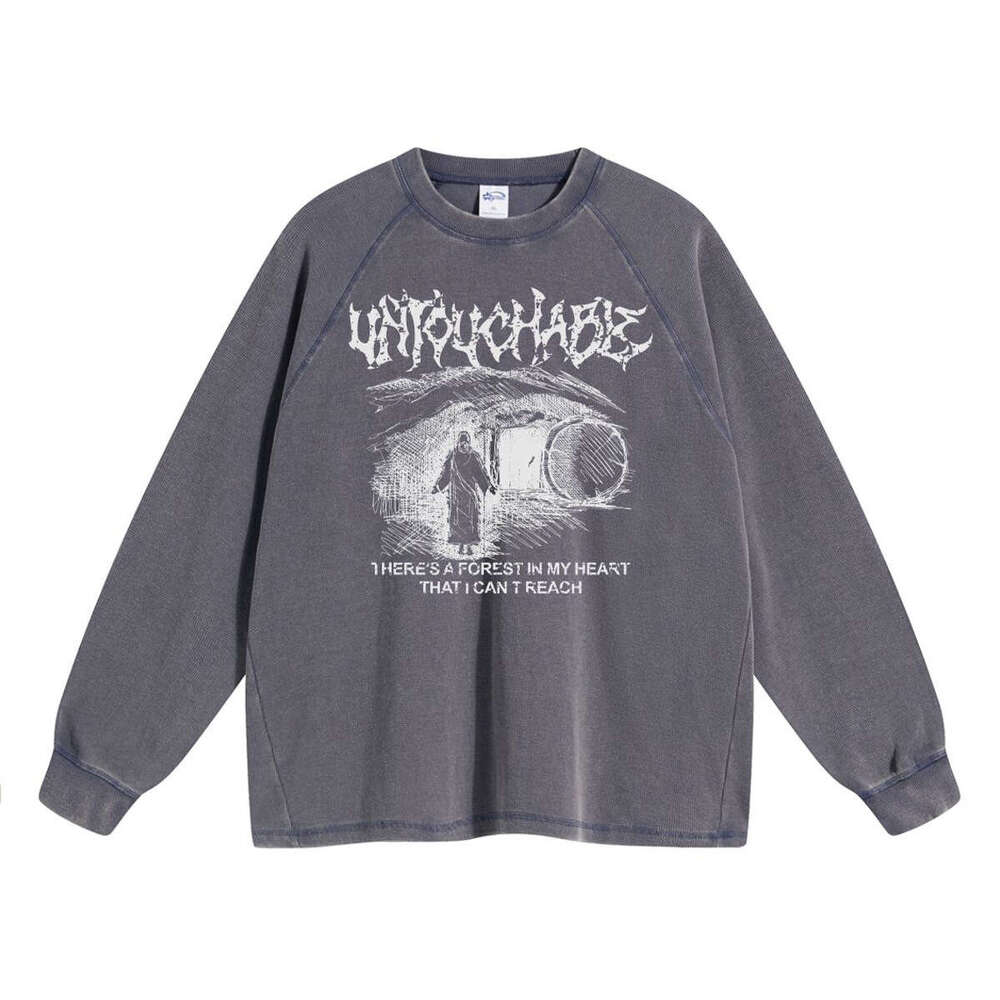 2024 Autumn/Winter New Product Wax Printing Waffle 350g Washed Water Used Printed Long Sleeve Trendy Brand Men's Retro T-shirt