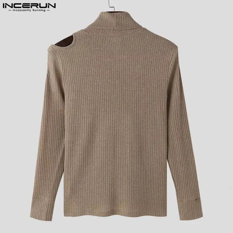 INCERUN Men Sweaters Solid Color Knitted Hollow Out Turtleneck Long Sleeve Pullovers Streetwear Fashion Casual Clothing 241209