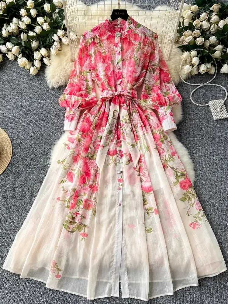 Summer bright silk chiffon gorgeous floral dress womens long light Sve belt loose print A-line robe Vestdos W241210