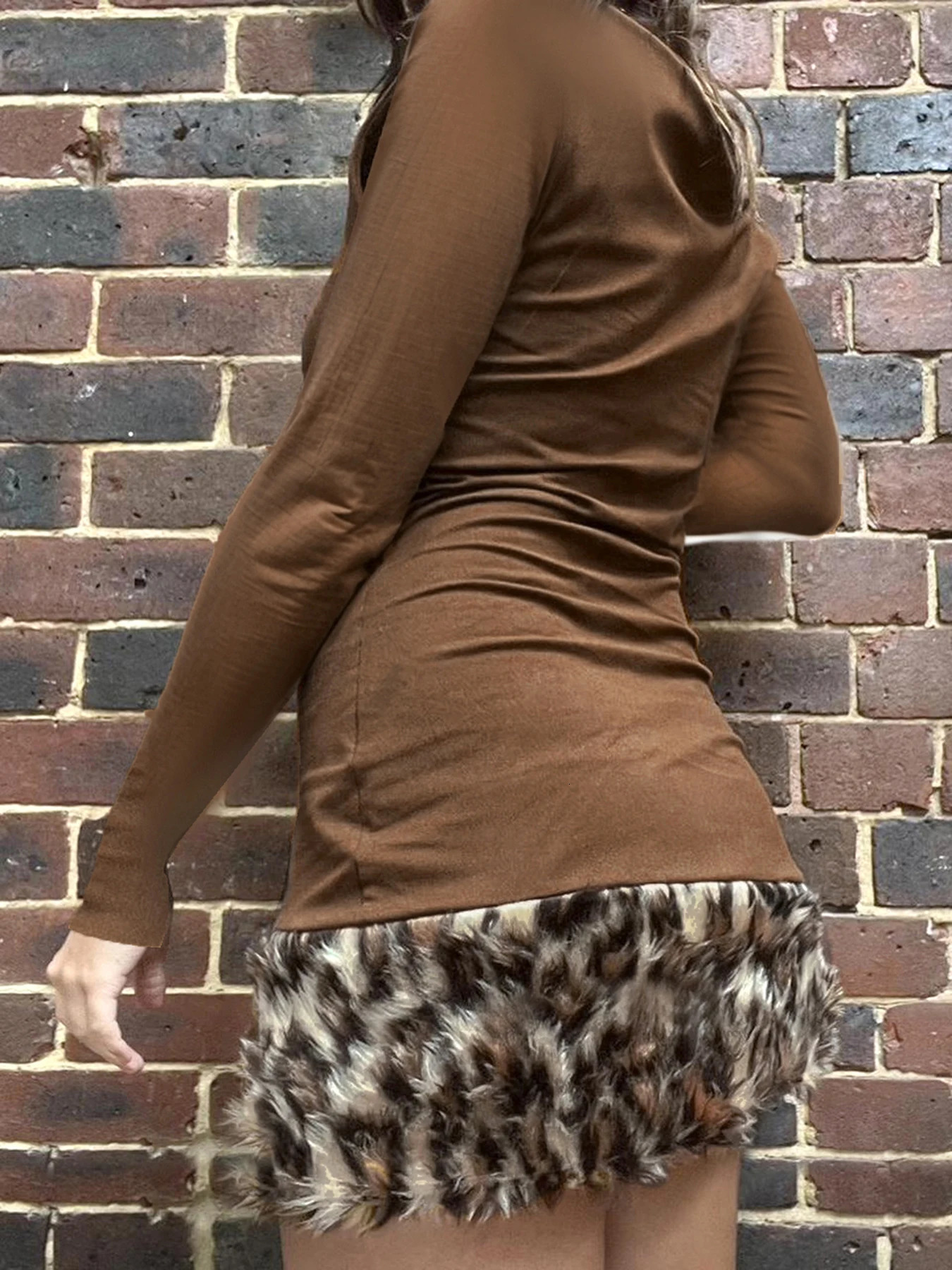 IAMSURE casual patch work fur decorative dress Y2K ultra-thin O-neck long sleeved womens mini dress autumn winter fashion street wear 241206