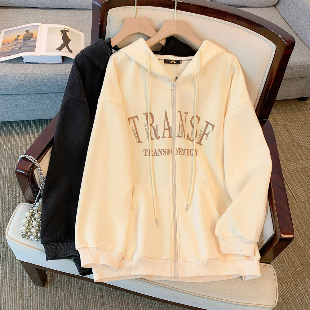 Plus-Size Women's Fall/Winter Casual Commute Loose Comfortable Cotton Jacket Black Letter-Print Zipper Hooded Long-Sleeved Top