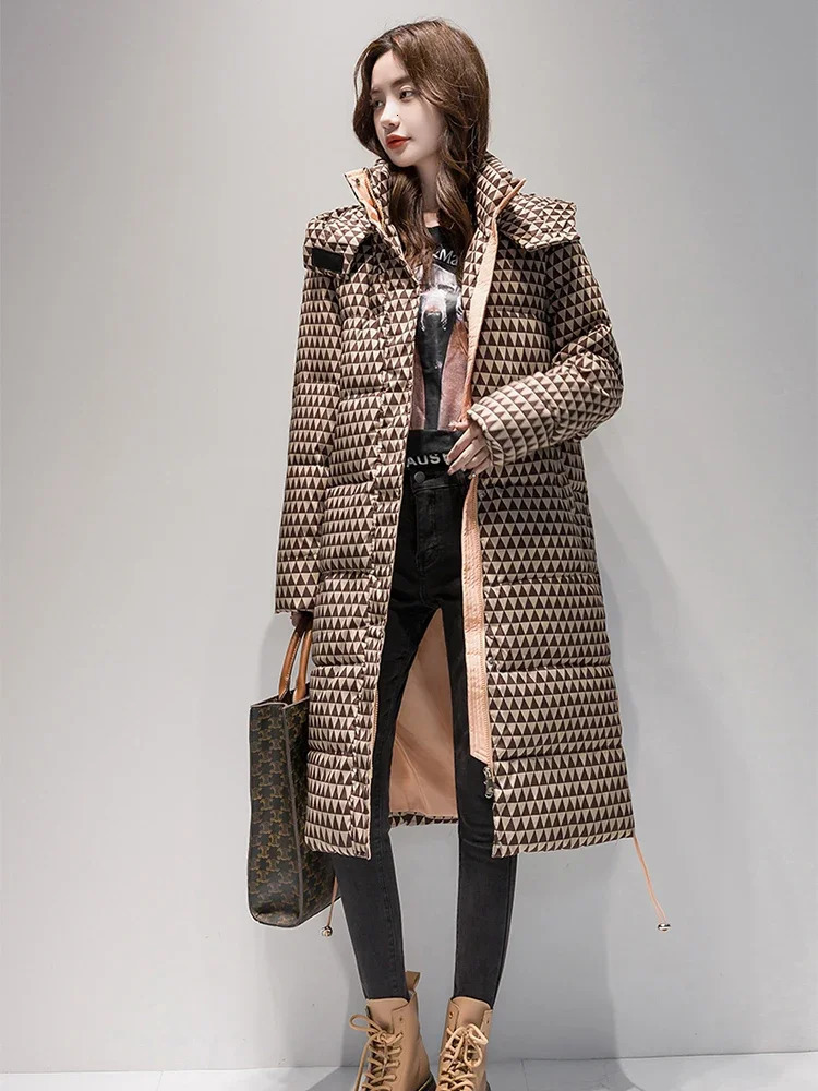 Winter Warm Parka Plaid Long Sonw Jacket Womens Fashion Thick Hooded Inflatable Windproof 241209