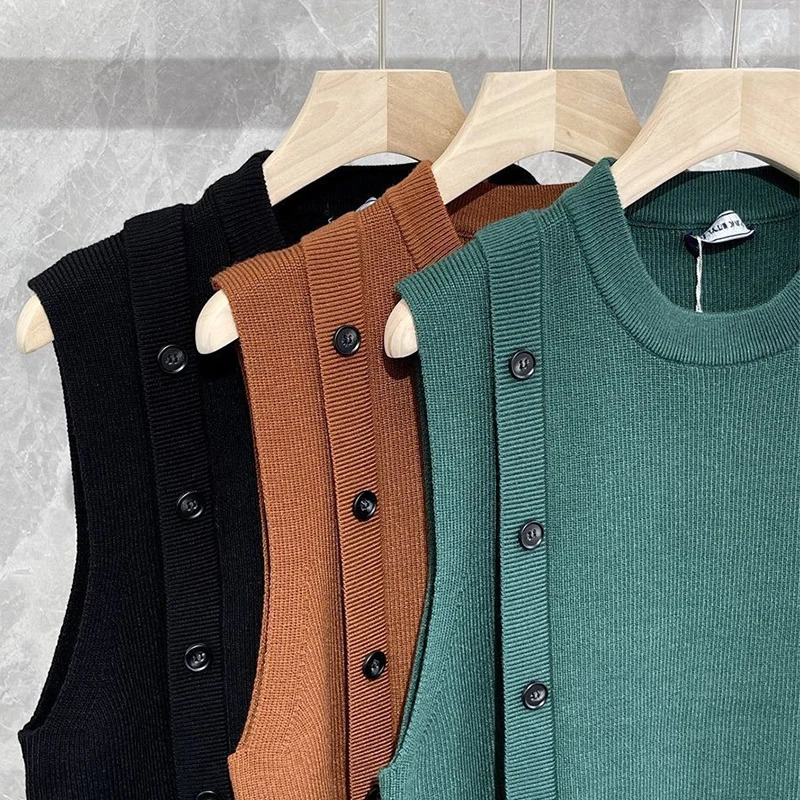 Mens y Knitted Pullover Sweater Vest Casual Streetwear Button Solid Color O Neck Sleeveless Loose Stylish Vintage Knitwear 241209