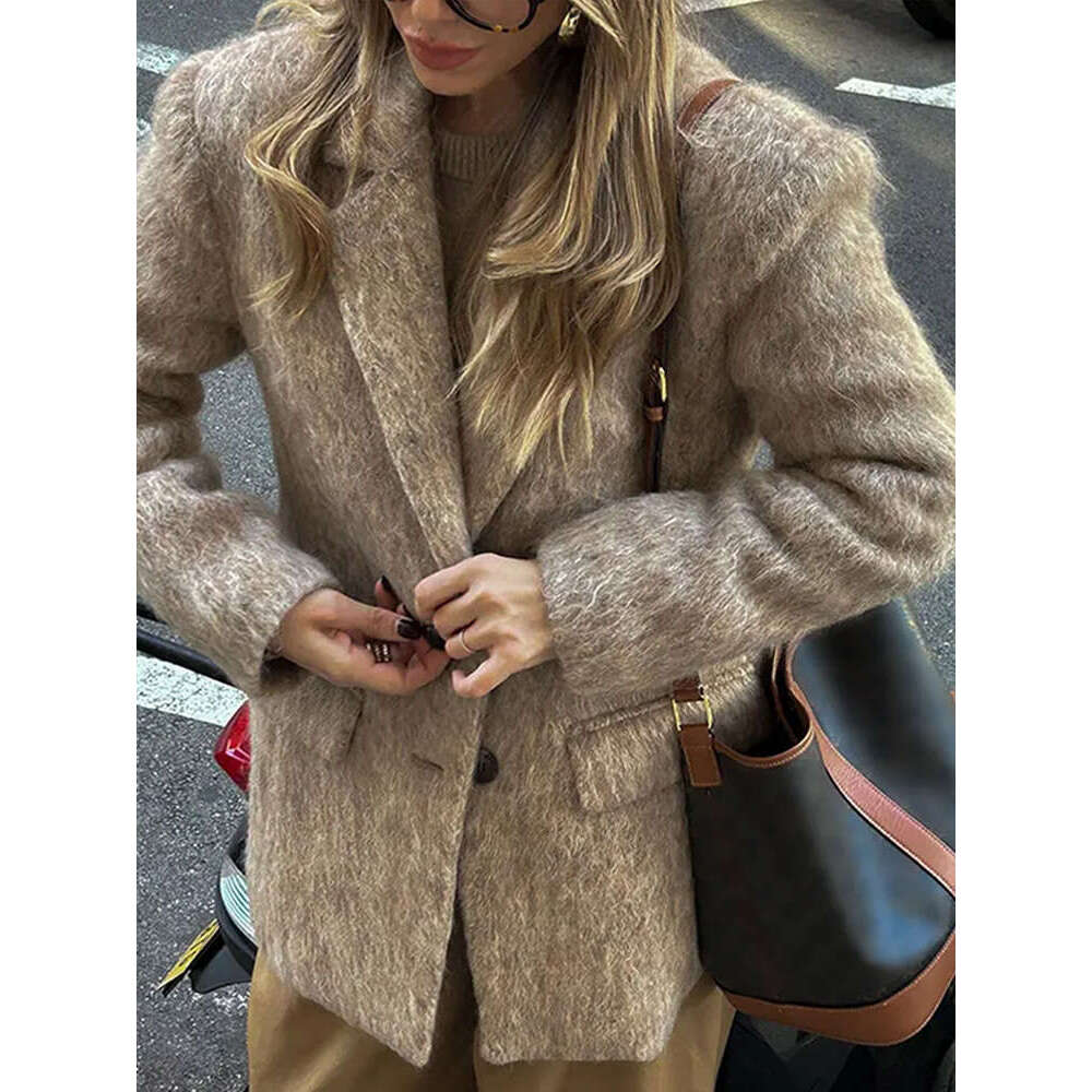 Retro Woolen Button Suit Coats Women Casual Loose Turn-Down Collar Gray Coat Lady Autumn Winter Classic Elegant Street Outwear