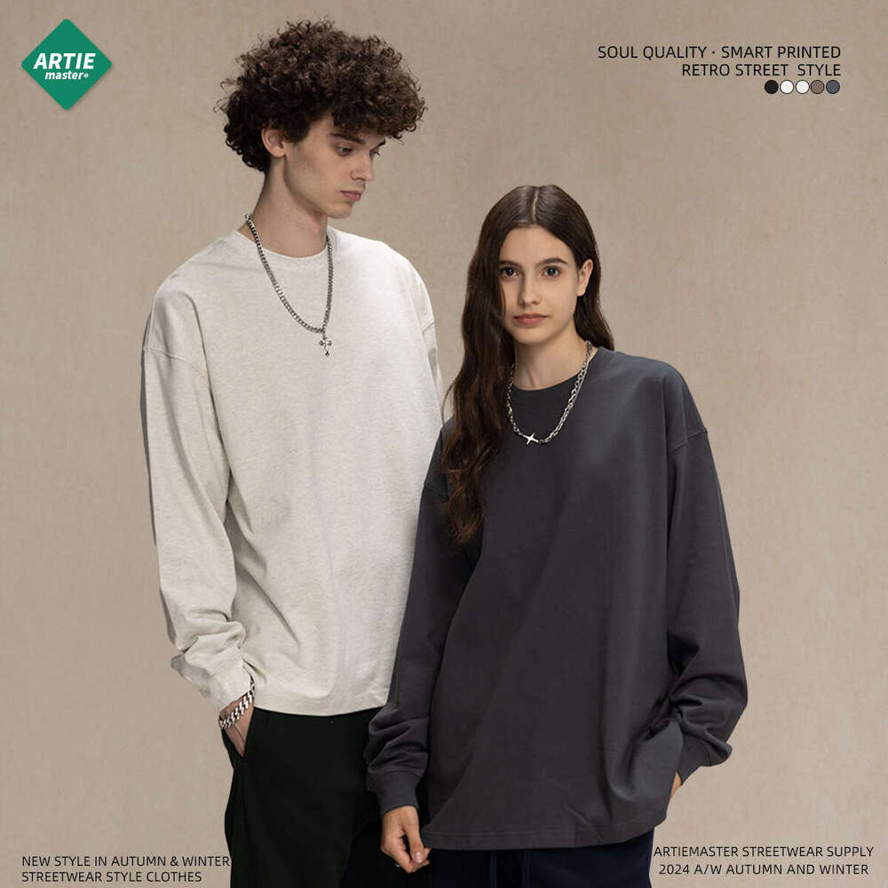 2024 Autumn/Winter New Product Heavy 385g T-shirt Oversize Trendy Brand Round Neck Men's Long Sleeve Top