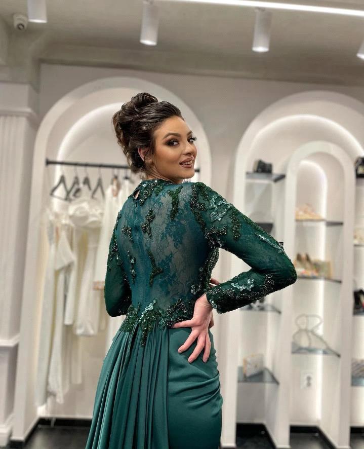 Evening Dress Higg Neck with Beading Stones Sequins Bodice Full Sleeve or-length Skirt Train Special Ocn Gown bc19850