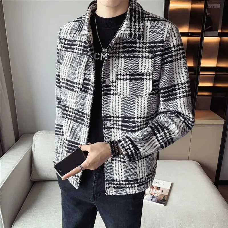 Man Coat Plaid Wool Blends Winter Sales of Short Slim Fit Jacket for Men Korean Reviews Many Harajuku y ner Trendy 241210