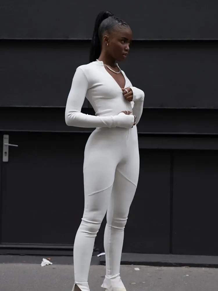 Solid blackwhite tight fitting jumpsuit womens sports summer fitness long sleeved zipper elastic onepiece 241209
