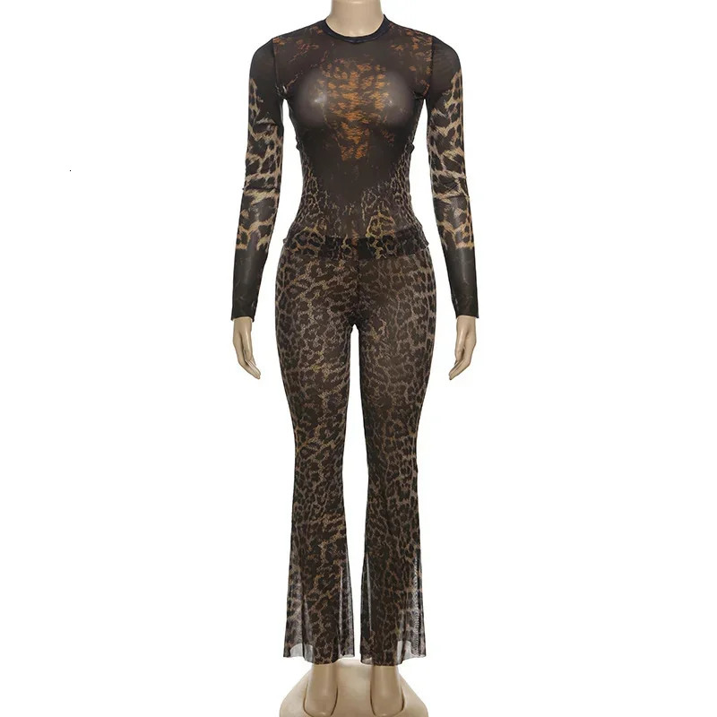 Sexy Leopard Print 2piece Womens Autumn See Through Full Sleeve Midnight Party Crop Panthing Matching Clubwear Skinny Outfit 241209