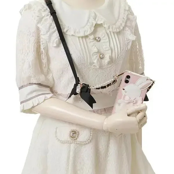 Handmade Japanese Liz Fashion Adjustable Pu Leather Phone Horizontal Chain Pearl Bow Gemstone Cute Bag Chain Cute Bag Accessories 241205