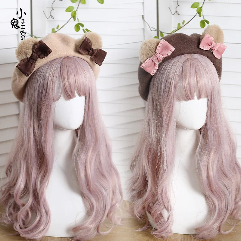 Japanese Cute Bear Ears Beret Female Cute Girl Wool Butterfly Painting Hat Warm Winter Hat 241209