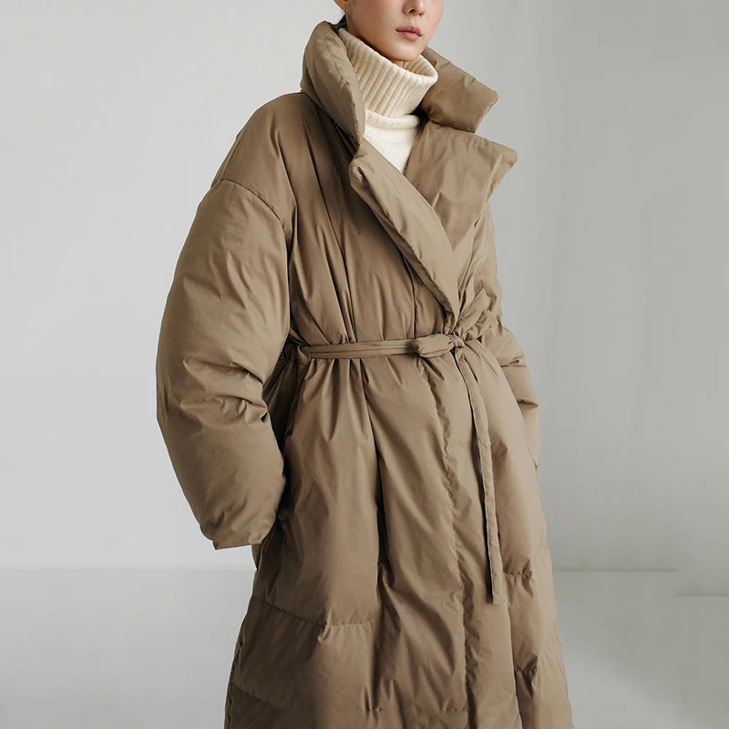 Winter standing collar long jacket loose sleeved warm fashionable pure cotton padded for women 241209