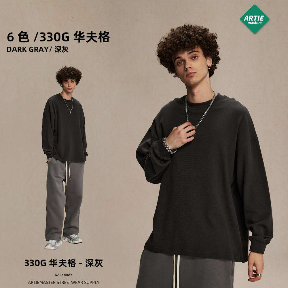 2024 Autumn/Winter New Product Breathable Waffle 330g Round Neck T-shirt Men's American Trendy Brand Loose Casual Long Sleeve T