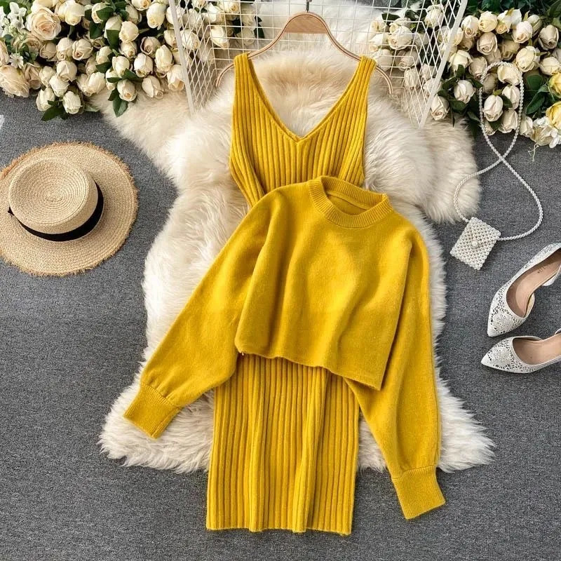 Autumn Knitted Round Neck Two Piece Womens Set Long Sleeve Solid Color Bat Fashion Winter 241209