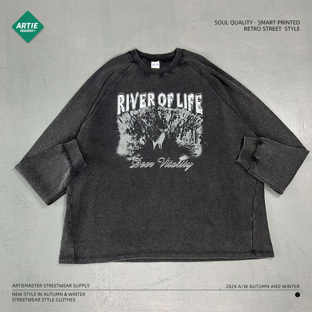 2024 autumn and winter wax waffle 350g washed with water to make old digital printed sleeved t-shirt for trendy brand men's long T-shirt