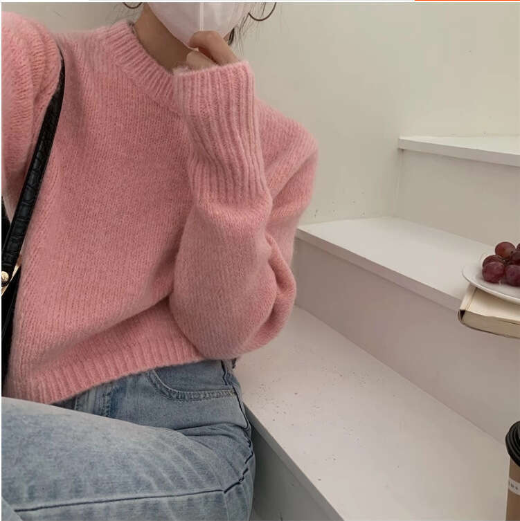 Lazy loose solid color soft sticky short autumn and winter sweet style knitted sweater, European station for women