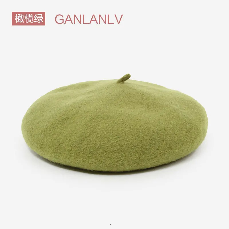 Green wool beret Japanese retro hat painters hat flower bud hat winter retro hat keep warm and cute casual hat womens beret 241209