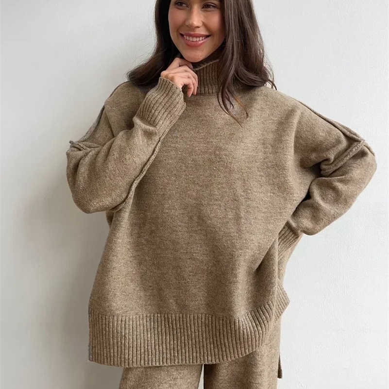 Wolfeel Womens Turtleneck Sweater Pants Suits Loose Casual Knitted Sweater Winter Thicke Loose Pullover Trousers 2 Pieces Sets 241209