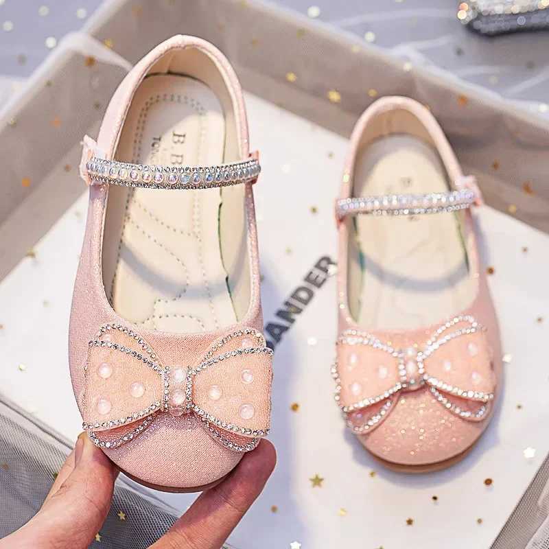 Pink Glass slipper Bows Rhinestone Girls Princess Shoes For Wedding Par Kids Leather Shoes Children Dance Performance ShoesXJ241209