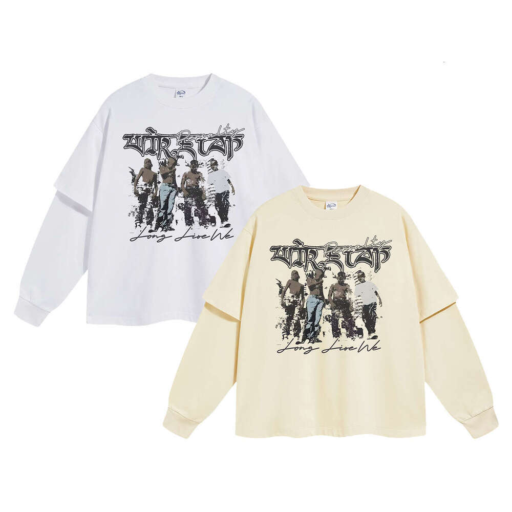 2024 Autumn New Product Trendy Brand Cotton Fake Two piece Sleeve T-shirt Men's Loose Printed Bottom Shirt Long T