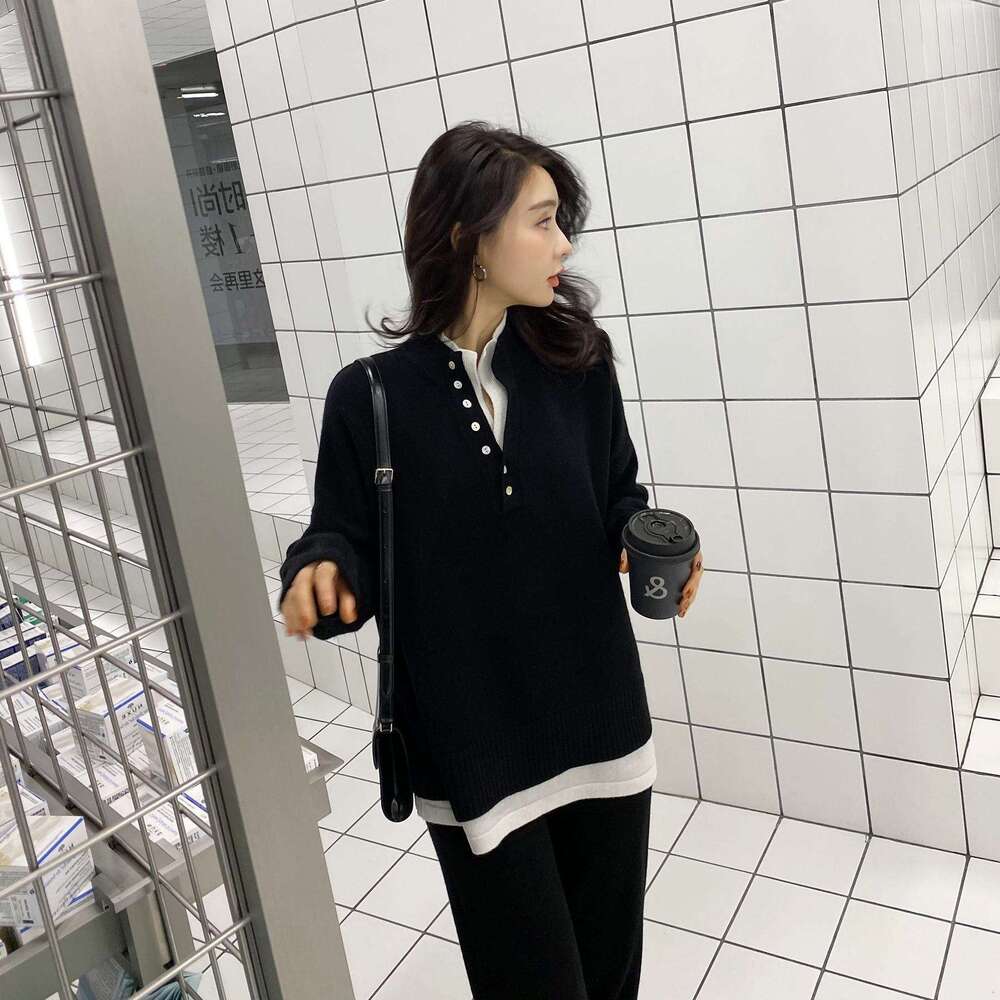 Soft and Sticky Set Winter 2022 Korean Edition Gentle Style Solid Color Splicing Fake Two Piece Thick Knitted Sweater for Women