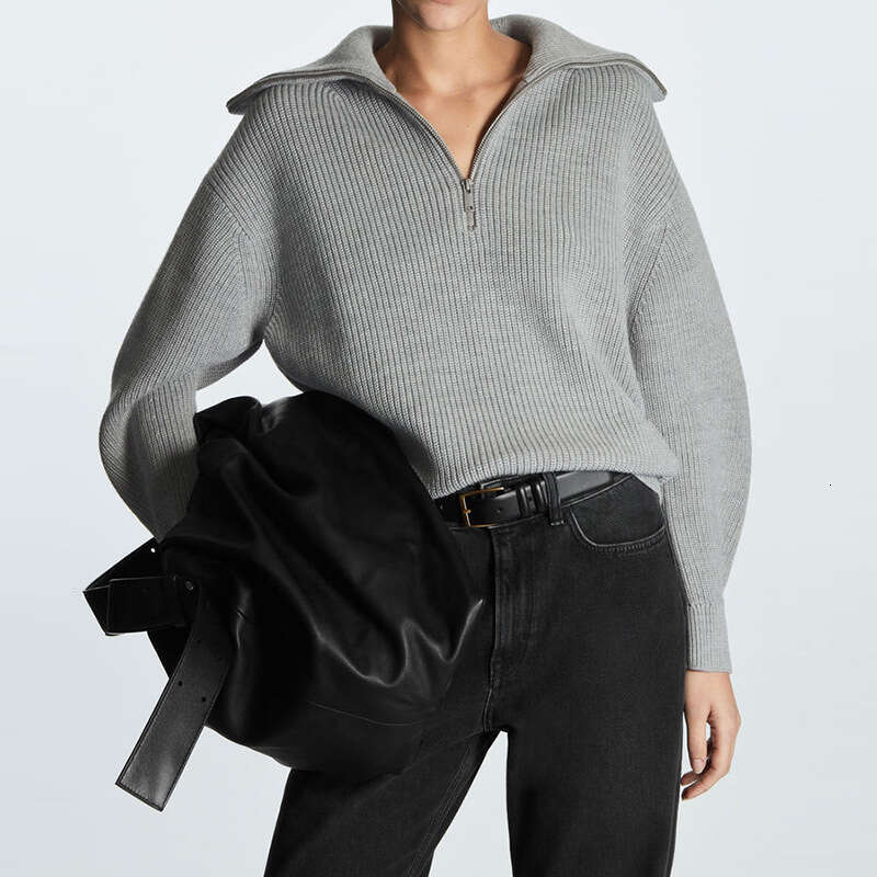 Autumn winter European and American women's clothing new open neck knitted retro striped loose commuting zipper big lapel pullover sweater