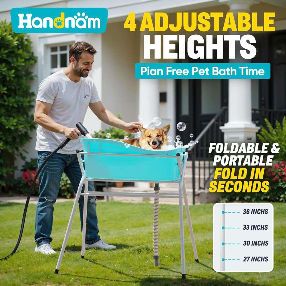 Handnam Tub, Portable Washing Bathing Station, Elevated Foldable Dog Bath Shower Grooming, 4 Adjustable Height Pet Tub for Small Medium Size Dogs, Ind