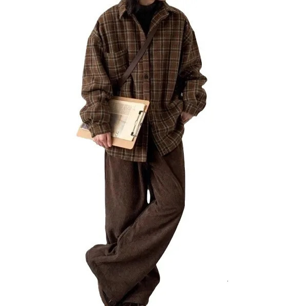 Spring and autumn vintage striped pocket cargo shirt for men women college style simple casual long sleeved 241209