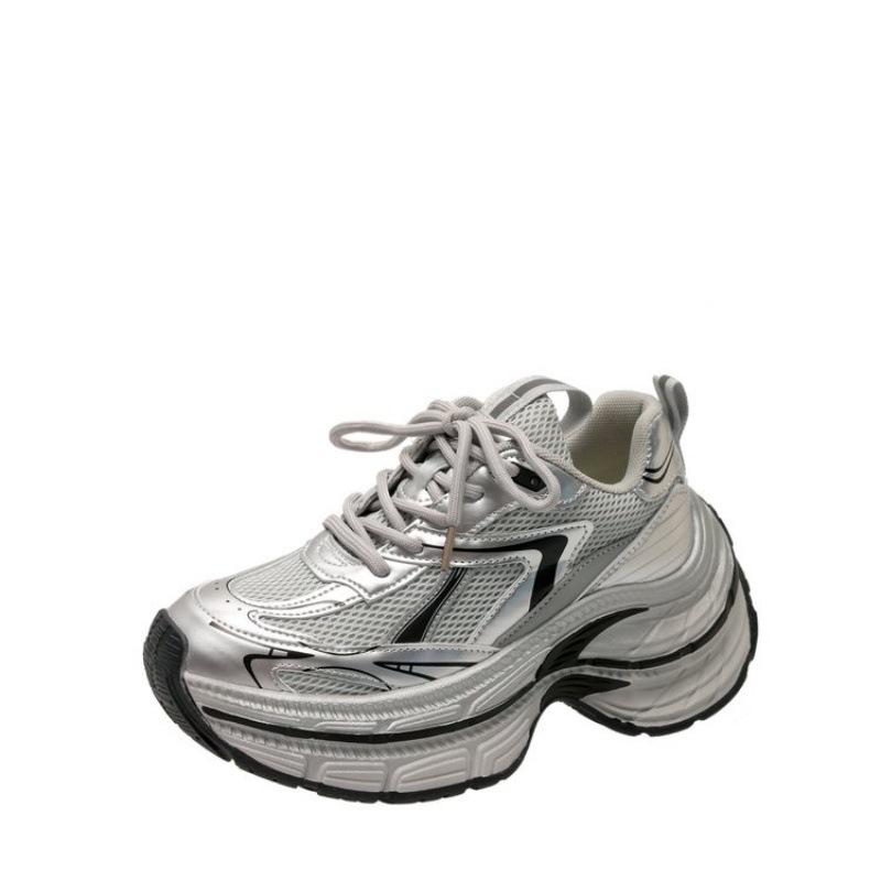 Women Sports Shoes:Paris Vintage Chunky Shoes Trendy Thick Sole Increase Height Popular Athleisure Running Shoes,White/Silver/Red,Free shipping