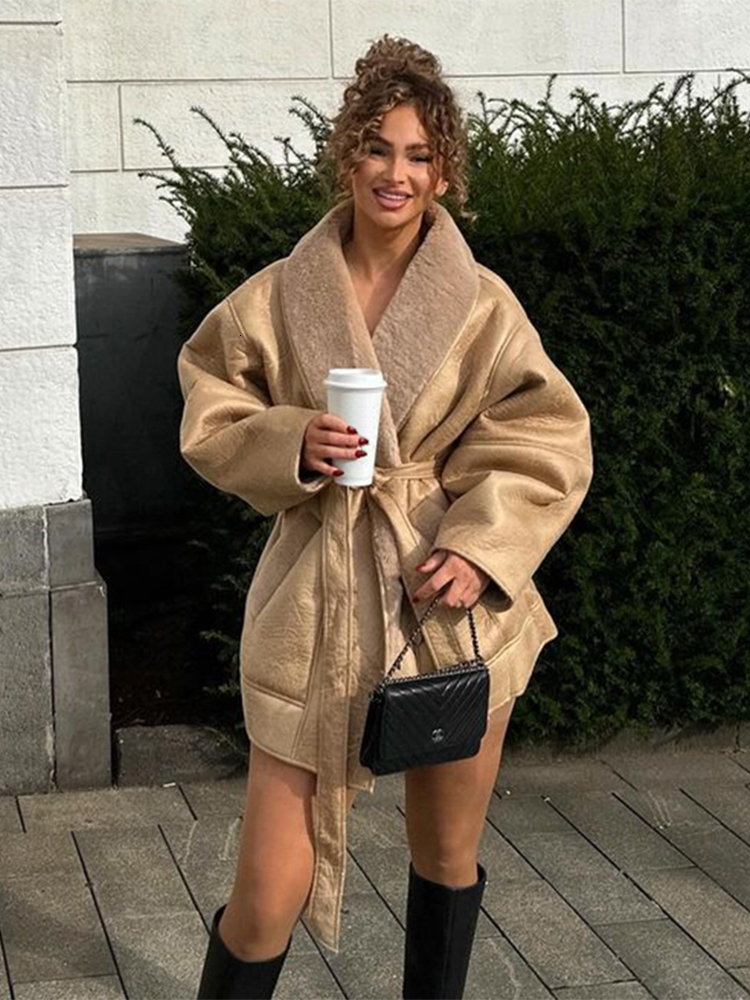 Vintage Women's Faux Leather Jackets With Belt Loose Lapel Pocket Long Sleeve Female Thick Coat Winter Lady Warm Overcoat