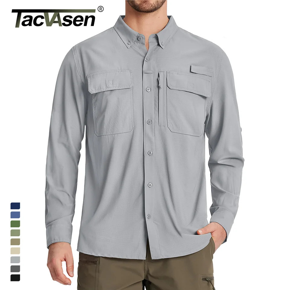 TACVASEN UPF 50Sunscreen Fishing Shirt Mens Quick Drying Long Sleeve Mesh Breathable Hiking Work Cargo 241209