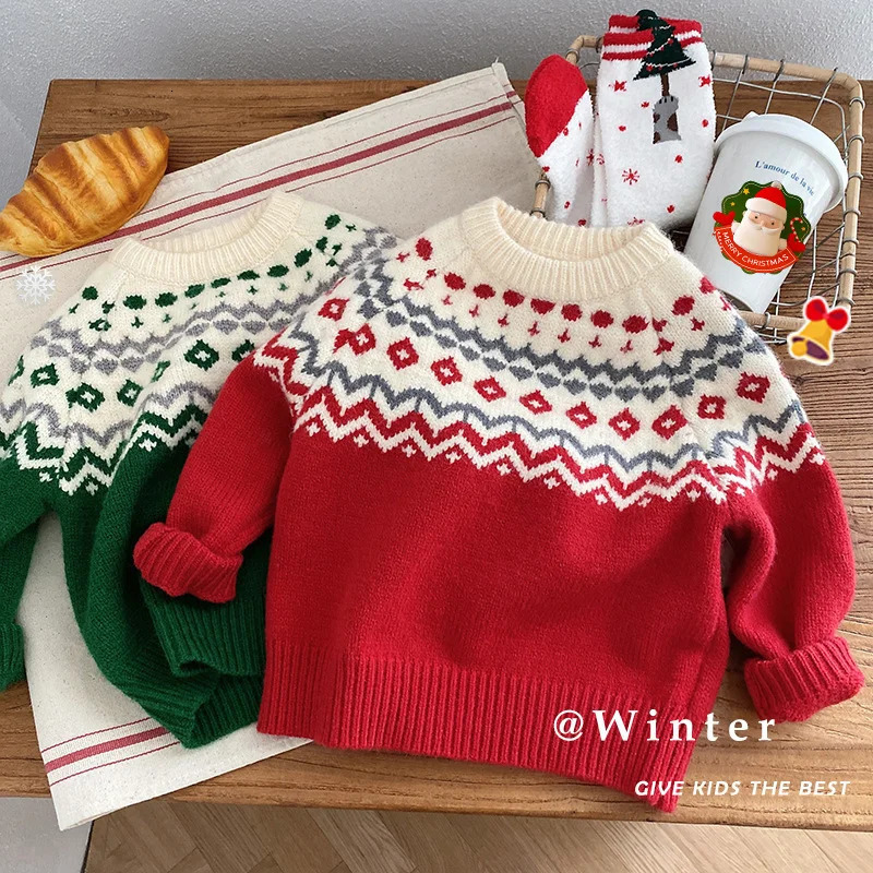 Winter Baby Christmas Sweater Childrens Jacquard Knitted Sweater Pullover Childrens Cotton Clothing Childrens cardigan Top 241210