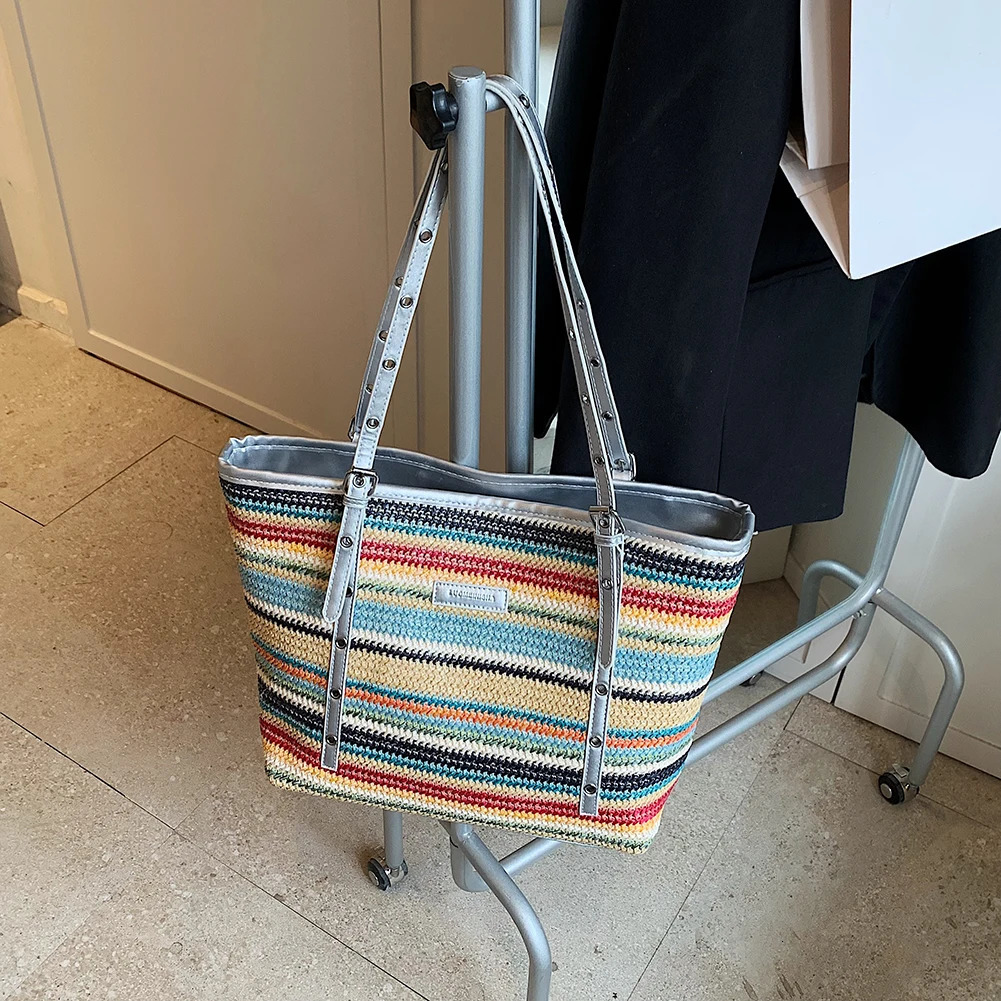 Womens colorful crochet beach handbag large capacity woven travel bag minimal splicing work handbag womens summer handbag 241205