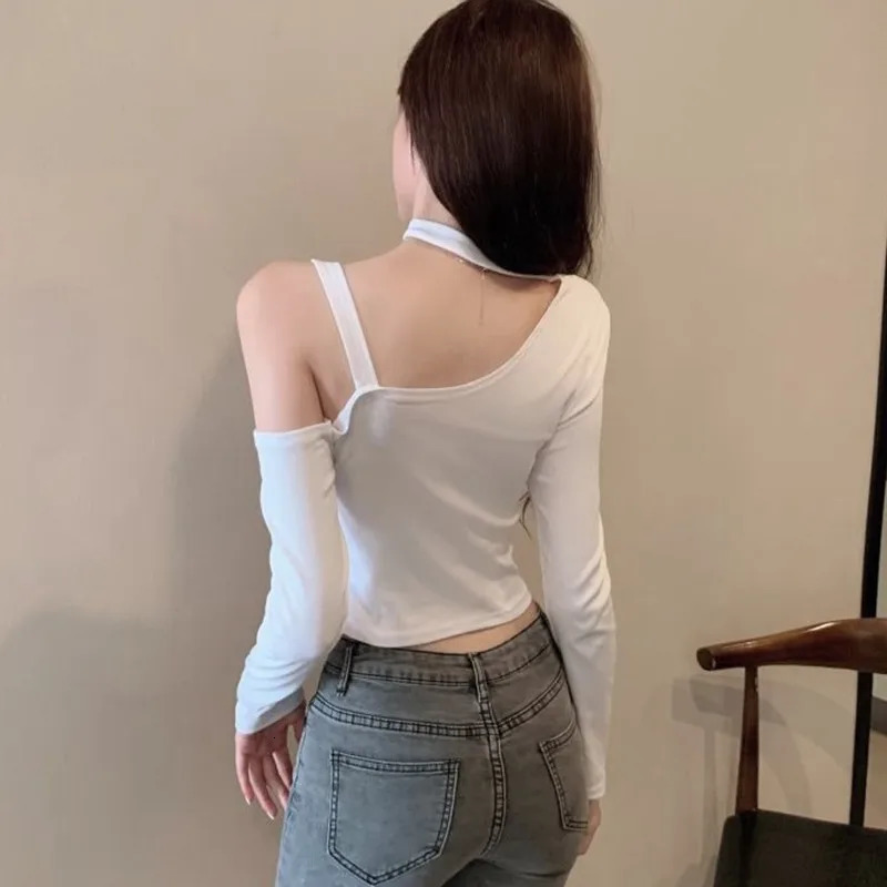 Womens asymmetrical single shoulder cut Tshirt with top hanger long sleeved 241209