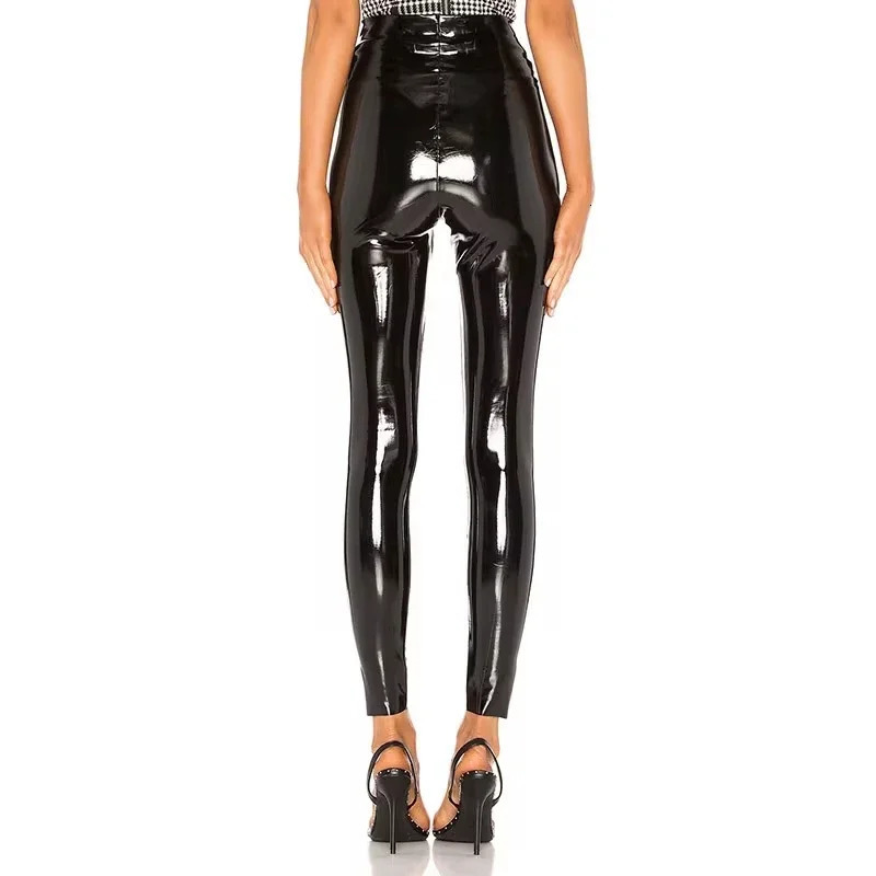 Womens shiny PU leather black PVC pants ultrathin 4XL sexy long legs latex elastic high waist tight summer 241209