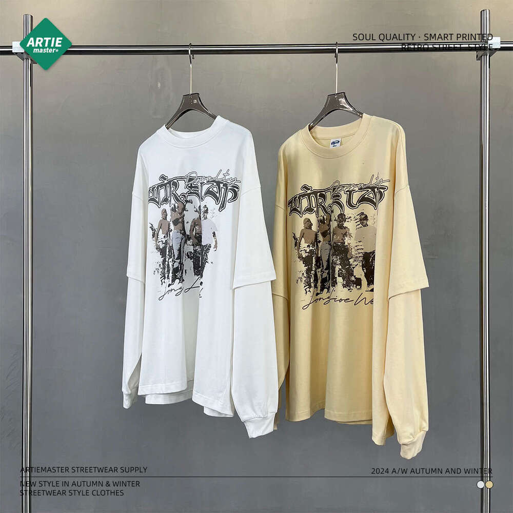 2024 Autumn New Product Trendy Brand Cotton Fake Two piece Sleeve T-shirt Men's Loose Printed Bottom Shirt Long T