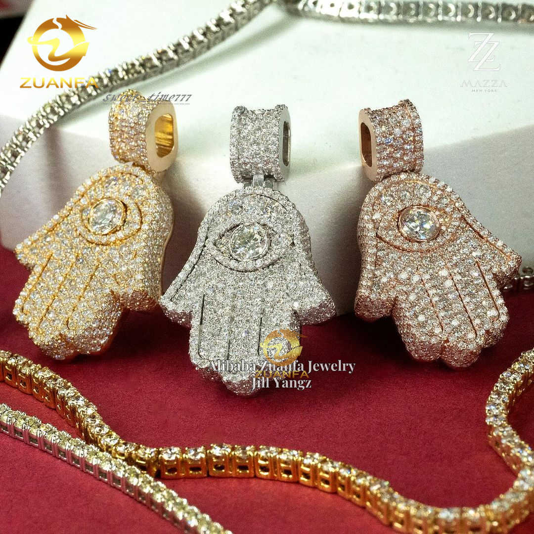 Small Size Hamsa Hand Custom Moissanite Pendant Shield Pendant Necklace custom hip hop pendant Moissanite Jewelry