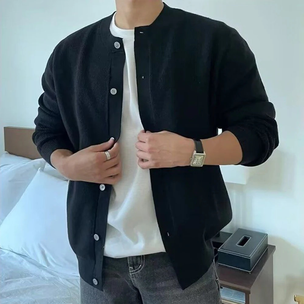 Autumn Winter Mens Simple Sweater Cardigan American Street Fashion Round Neck Zipper Solid Color Warm Knitted Jacket 241202