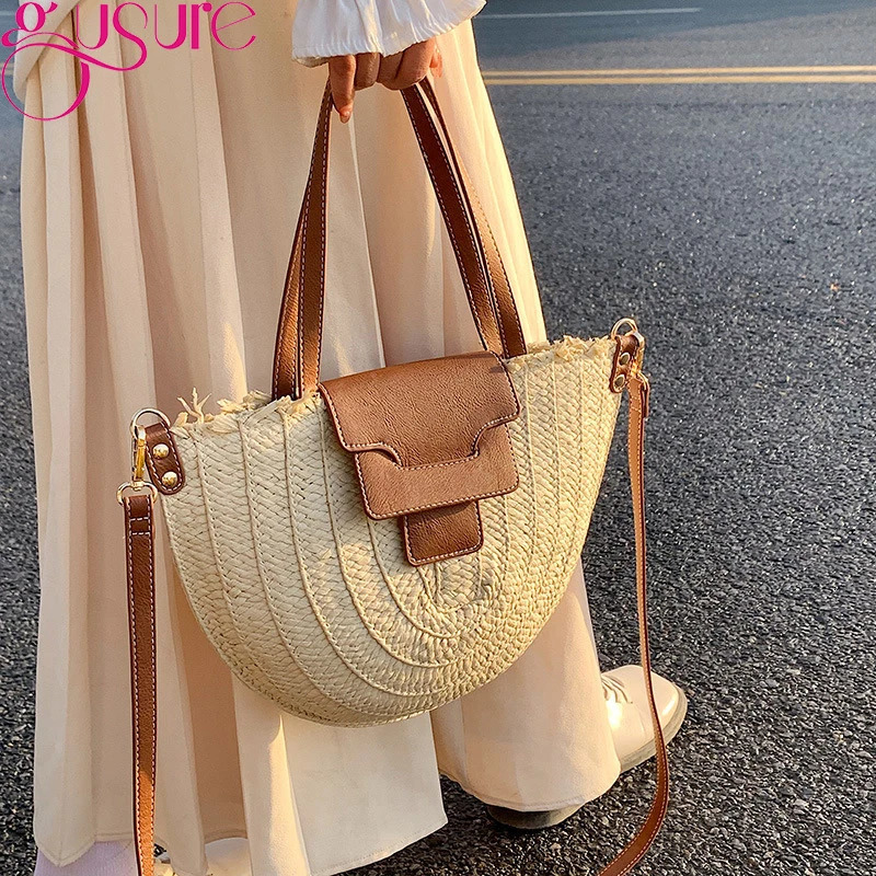 Gussure Bohemian summer straw bag simple Rattan shoulder cross body bag large capacity beach travel handbag 241205