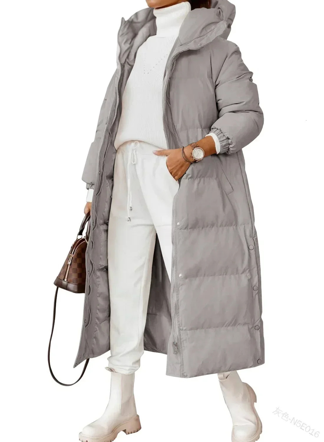 Womens Parkas solid color hooded long sleeved cotton jacket fashionable zipper pocket 241209