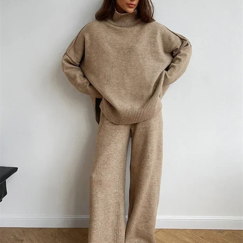 Wolfeel Womens Turtleneck Sweater Pants Suits Loose Casual Knitted Sweater Winter Thicke Loose Pullover Trousers 2 Pieces Sets 241209